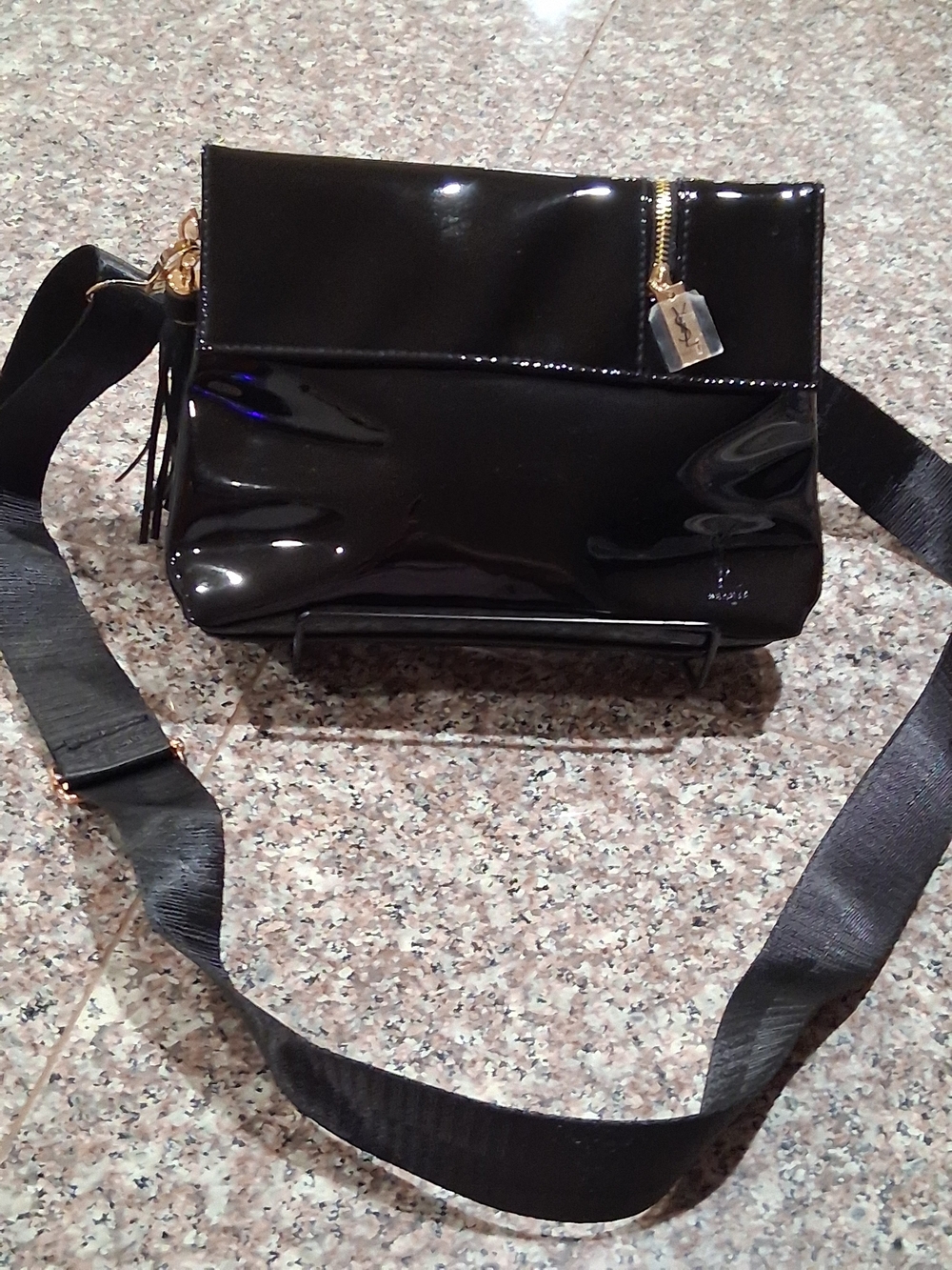 YSL GWP Faux Patent Leather Crossbody Bag w/ Gold Hardware Black Magnetic Closer